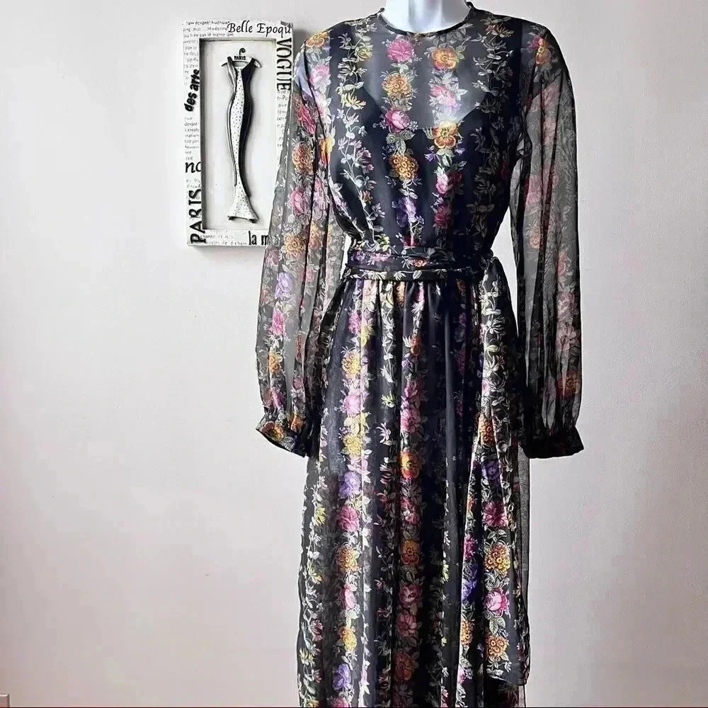 Vintage 60s Floral Print Sheer Chiffon Long Sleeve Belted Wedding Guest Dress